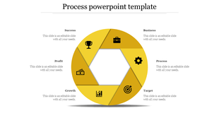 Process template featuring a yellow hexagonal ring divided into six parts with icons and labels.