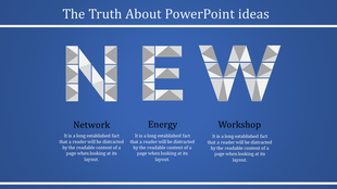 Blue background slide showcasing new in geometric typography, with sections labeled network, energy, and workshop.