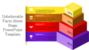 Stage PPT slide with four colorful stages of progression, each featuring an icon from business to success.