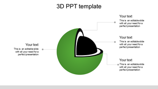 Green 3D sphere with cross-sectional view displaying layers and annotations on a white background.