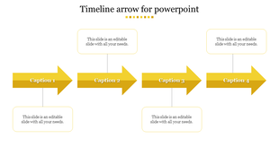 Timeline with bright yellow gradient arrows and white text boxes above and below, representing four sequential steps.