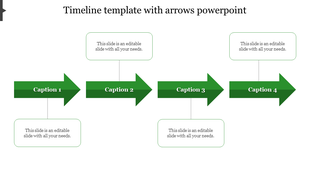 Green timeline arrow PPT template with four labeled steps and captions with placeholder text on a white backdrop.