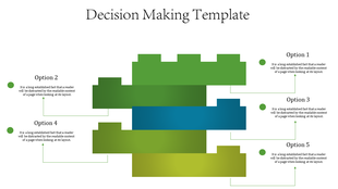 Stacked, gradient blocks in green and blue with connected text options on both sides, labeled 1 to 5.