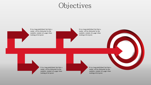 Red arrows leading to a target graphic on a gray background, representing objectives in a structured layout.
