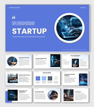 Business Startup PPT with blue layout, circular startup image, growth strategy, business model, and finance.