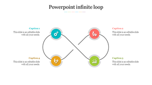 Infinity loop diagram with icons in blue, red, green, and yellow on a white background, representing captions.