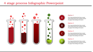 Slide featuring a 4 stage process with four test tubes filled with different colored liquids and labeled options A to D.