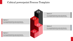 3D cube layout with red and black blocks stacked vertically, surrounded by horizontal gray text boxes on both sides.