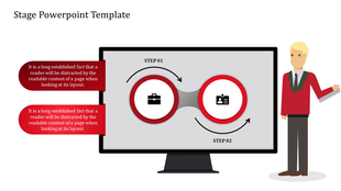 Stage PowerPoint template featuring a two step process with icons for each stage and captions on both sides.