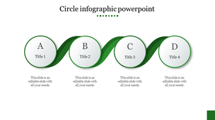 Horizontal flow diagram with connected circles labeled A, B, C, and D over a green ribbon.