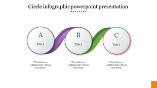 Three circles in purple, green, and pink, labeled A, B, C connected by colorful wave like ribbons, on a white background.