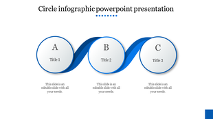 Three step circular infographic with blue wave connectors, featuring labeled white circles A, B, and C.