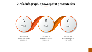 Circle infographic PowerPoint presentation template with three sections labeled A, B, and C, connected by an orange ribbon.