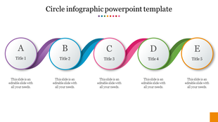 Wavy timeline infographic with five glossy white circles labeled A to E, connected by curved color coded ribbons.