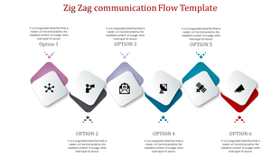 A communication flow template using a zig zag layout with icons for various options with placeholder text.