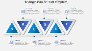Template featuring six blue triangular blocks, labeled A to F, with captions and icons positioned above and below.