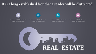 Real estate design featuring a purple key with cityscape and icons showcasing various property benefits.