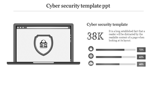 Laptop graphic with a security lock, accompanied by text and three progress indicators for cybersecurity-related metrics.