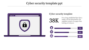 Cyber protection concept with a laptop icon, a security shield, and three purple progress bars with percentage values.
