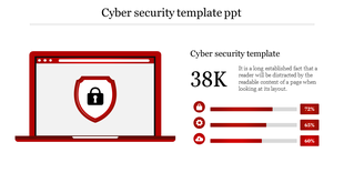 Cybersecurity slide featuring a red and white color scheme, a shield graphic on a laptop, and performance metrics.