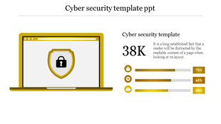 An illustrative slide focusing on cyber security, showcasing a laptop graphic and progress bars indicating various metrics.