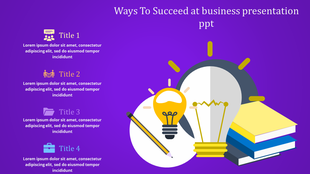 Business PPT template with lightbulb and books with four titles and icons with placeholder text on a violet backdrop.