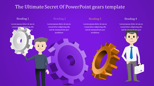 Gears slide with four headings, each accompanied by a gear illustration and a character holding or interacting with a gear.