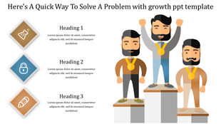Growth themed slide with icons and headings on the left and three podium winners wearing medals on the right.