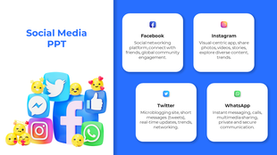 Slide with a blue theme displaying social media descriptions and 3D graphics of platform icons surrounded by playful emojis.
