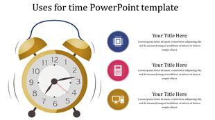 Golden alarm clock illustration with shaking effect, and three circular icons in blue, pink, and gold on a white background.