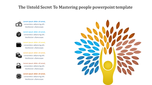 Slide showcasing a human figure in yellow, with a gradient tree of leaves in blue to brown and six icons on the left.