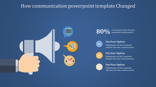 Communication slide featuring a megaphone illustration, speech bubbles with icons, and a three-step list with percentages.