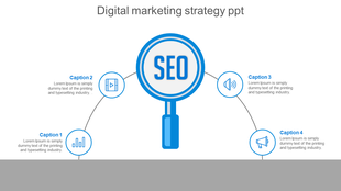Digital marketing strategy PPT slide with SEO focus, including blue icons for video, audio, and data analysis, with captions.