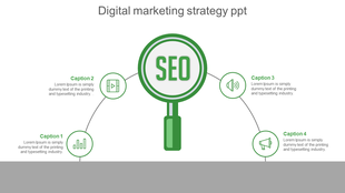 Digital marketing strategy slide with SEO focus, including green icons for video, audio, and data analysis, with captions.