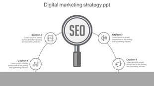 Digital marketing strategy diagram showing SEO in the center with four connected icons representing key elements.