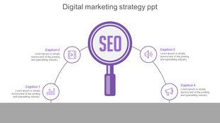 Purple magnifying glass with SEO text at center, linked to four circular icons in a semi circular arrangement.