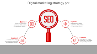 Red circular magnifying glass with bold SEO linking to four icons on a gray background with curved connectors.
