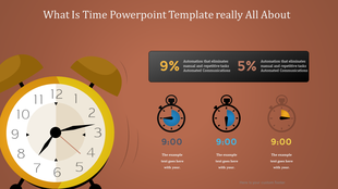 PowerPoint timeline template with a clock image and percentage based statistics.