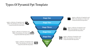 Template showing an inverted pyramid with six levels, each labeled with stages and linked to icons representing concepts.