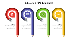Four curved pencil shaped designs in red, blue, green, and yellow with captions, arranged horizontally on a white background.