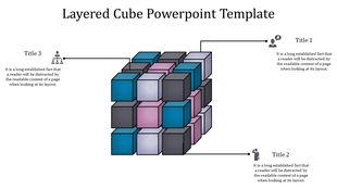 Layered 3D cube in shades of blue, pink, and gray, with three connected text areas on the sides.