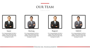 Slide featuring portraits of four team members in black squared frames, with individual descriptions under each name.