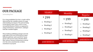 Pricing table layout with three columns labeled with subscription, in a red and white color scheme.