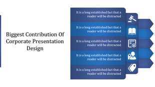 Corporate presentation slide with a vertical list of blue gradient panels and icons on the right side.