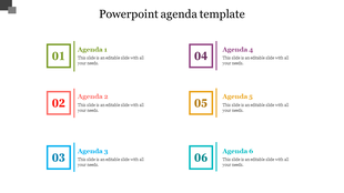Structured agenda template with six sections, each with unique numbers and caption areas placed in a white background.