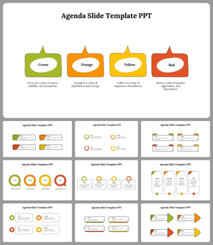 Agenda PowerPoint slides featuring color coded sections for each agenda item, with descriptive text about the colors.