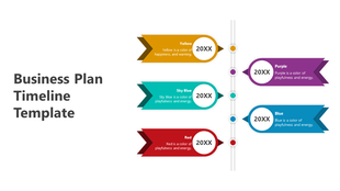 Timeline PowerPoint template with color coded banners for business plan stages in yellow, blue, sky blue, purple, and red.