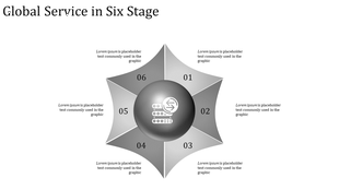 Minimalistic gray-toned infographic showing a six-point design around a central sphere with placeholder text areas.