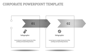Corporate PowerPoint template with two infographic sections each with a gray arrow and labeled 01 and 02 with icons.