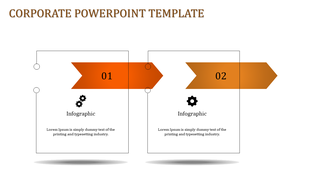Corporate slide with two orange arrows, each pointing to a rectangular content area with a gear icon and description.